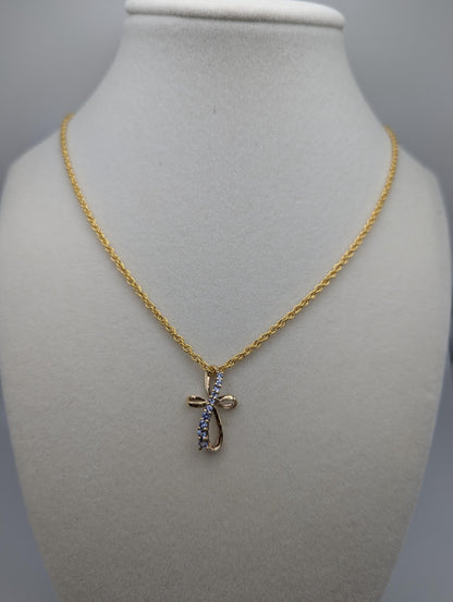 10k Yellow Gold Purple Tanzanite Stone Cross Pendant Necklace + Complimentary 14k GF Chain