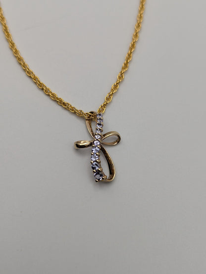 10k Yellow Gold Purple Tanzanite Stone Cross Pendant Necklace + Complimentary 14k GF Chain