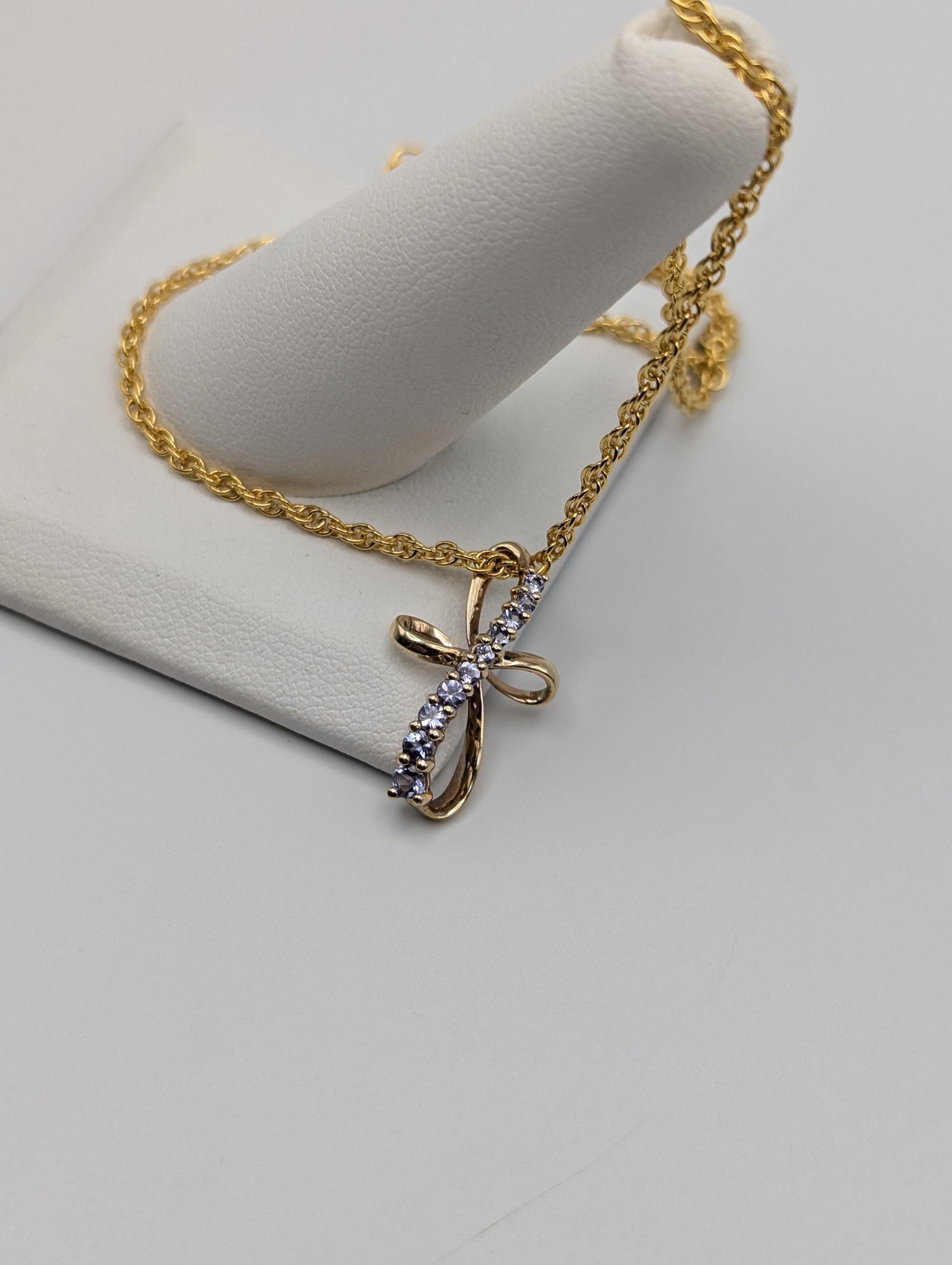 10k Yellow Gold Purple Tanzanite Stone Cross Pendant Necklace + Complimentary 14k GF Chain