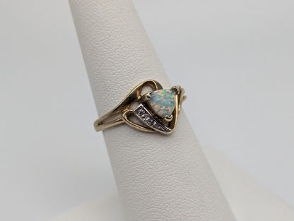 10k Yellow Gold Oval Opal Diamond Ring. Wedding Promise Ring.