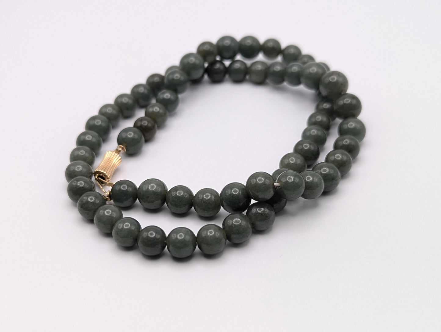 14K Natural Nephrite Jade Bead Necklace. Jade Round Green Beads Necklace 18"