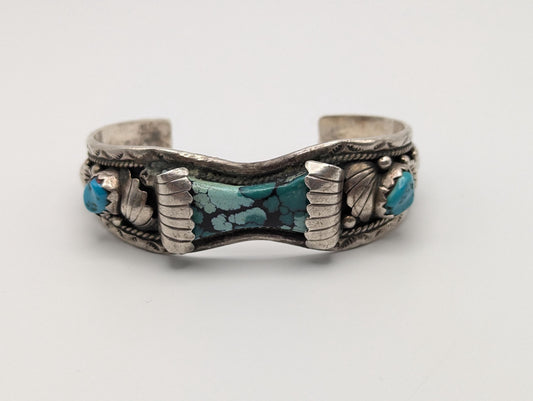 Vintage Navajo Silver J Johnson Turquoise Cuff Bracelet Sterling Silver Turquoise Bracelet