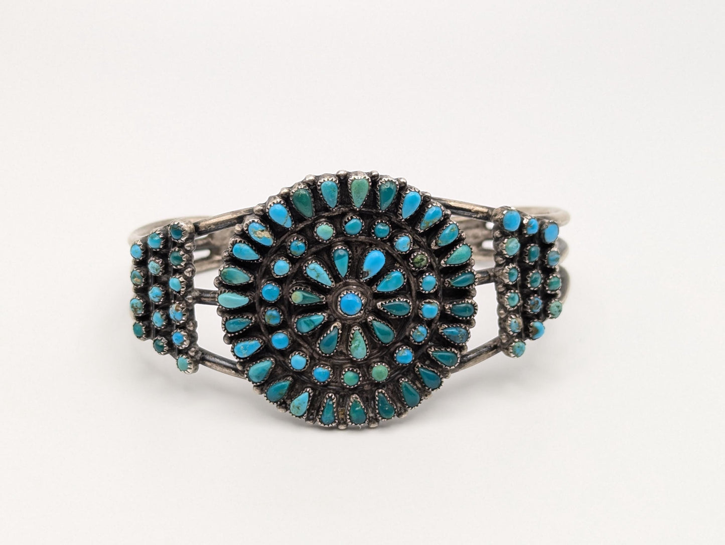 Sterling Silver Petite Point Turquoise Cuff Zuni Bracelet Navajo Turquoise Flower Cuff