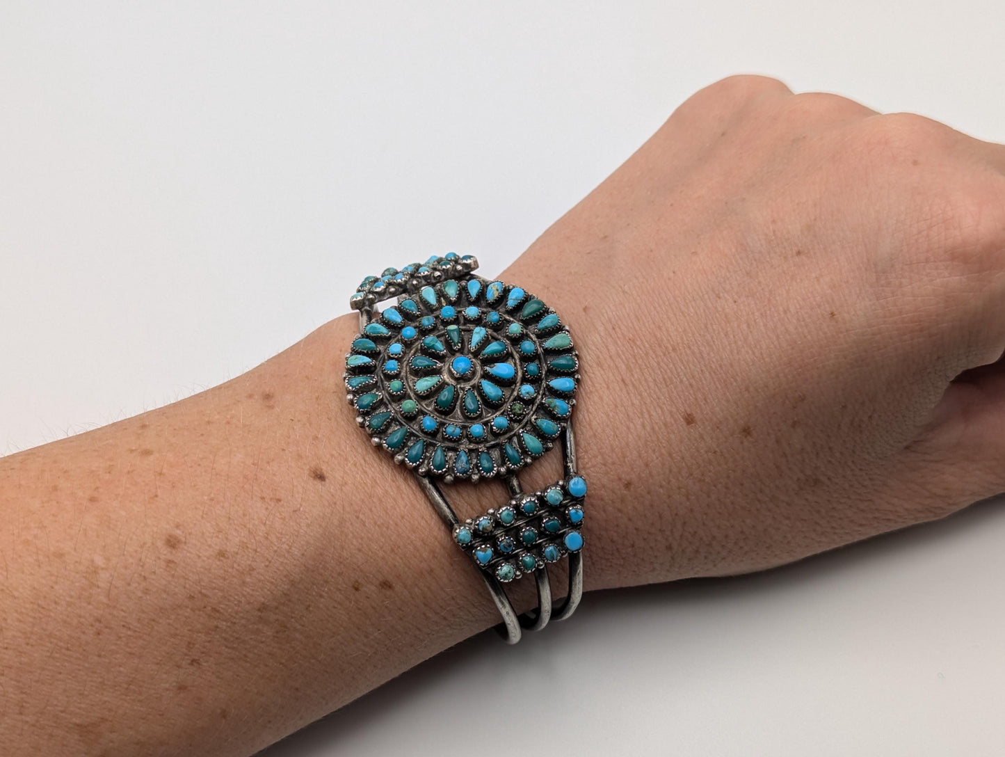 Sterling Silver Petite Point Turquoise Cuff Zuni Bracelet Navajo Turquoise Flower Cuff