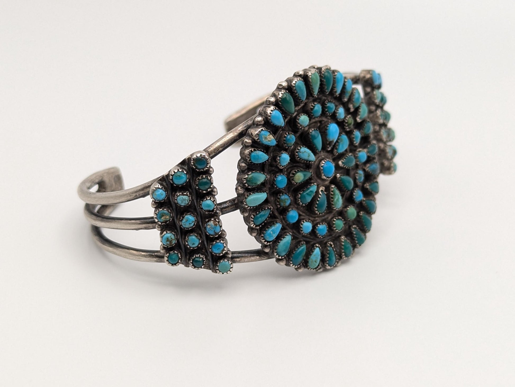 Sterling Silver Petite Point Turquoise Cuff Zuni Bracelet Navajo Turquoise Flower Cuff