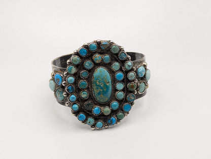 Vintage Southwestern Sterling Silver Navajo Heavy 120 gr Turquoise Cluster Bracelet Cuff