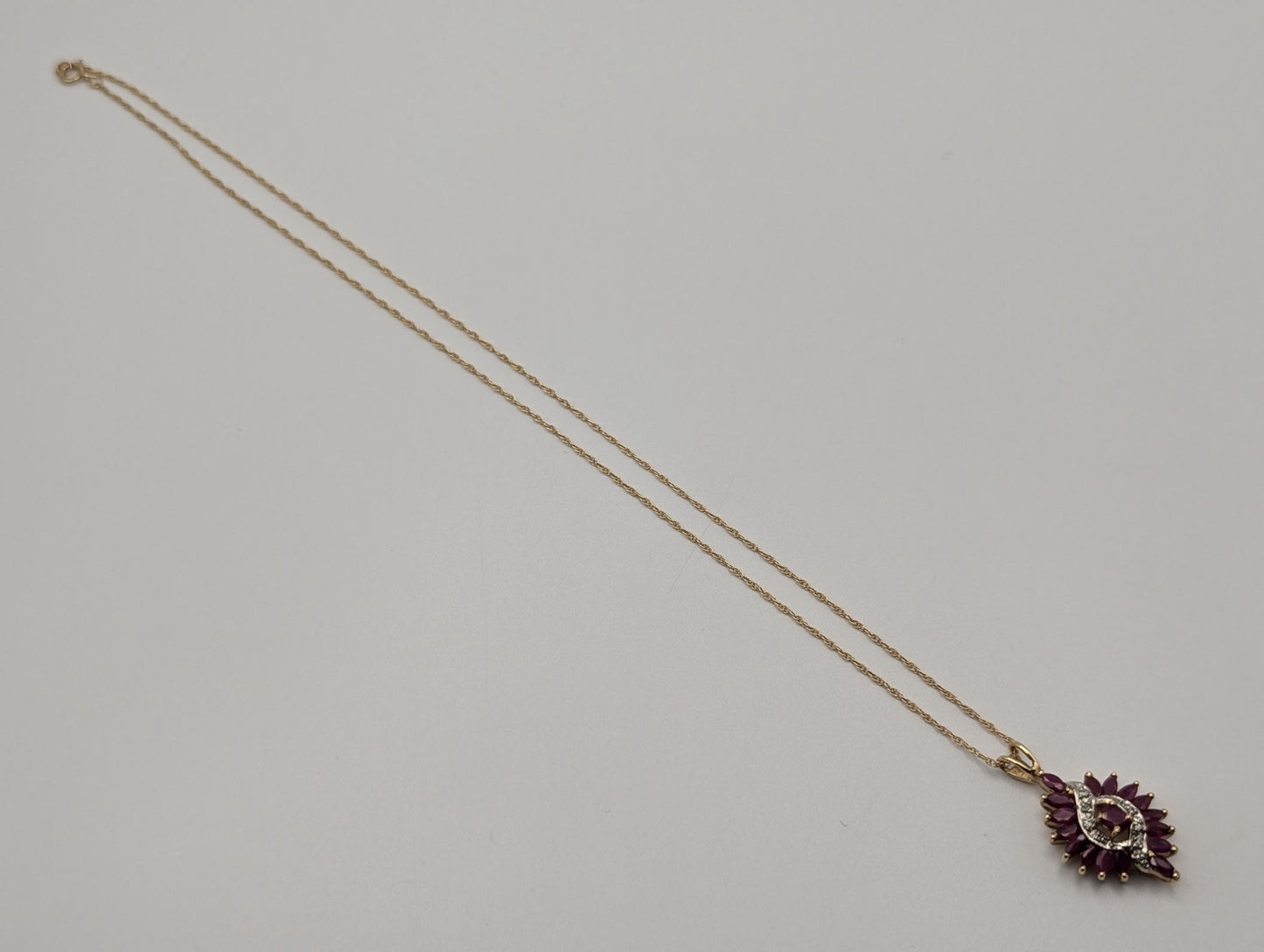 14K Yellow Gold Diamond Ruby Almond Shape Pendant Necklace Chain 16"