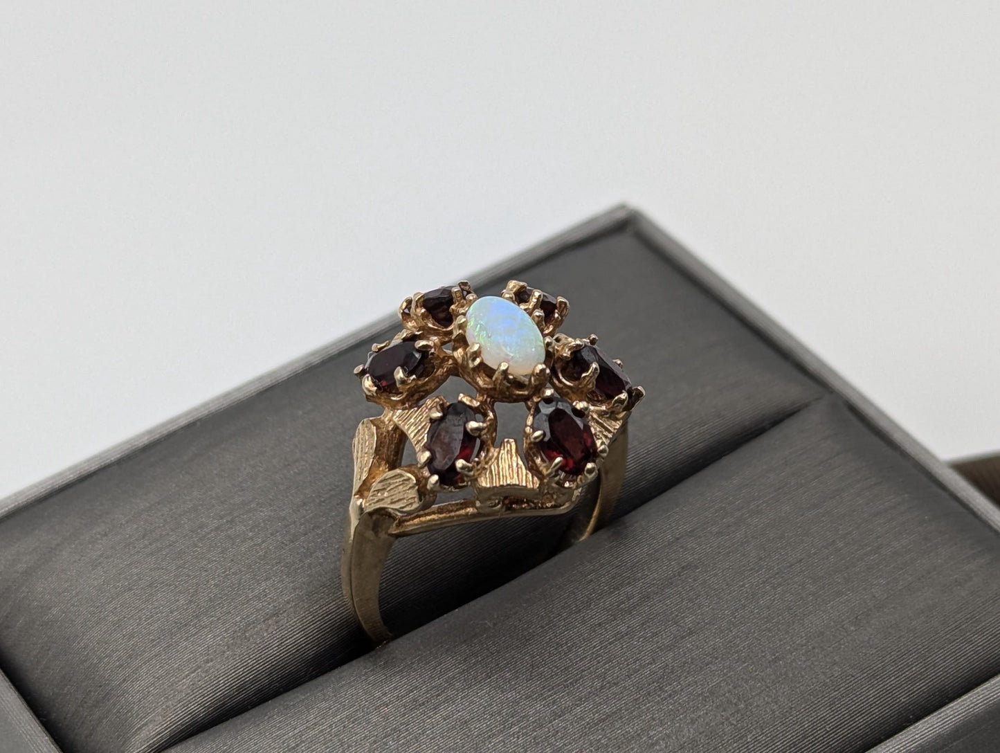 14k Yellow Gold Garnet Opal Cluster Statement Cocktail Ring