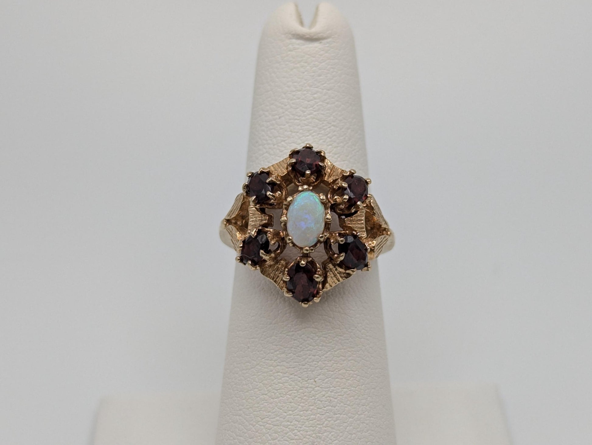 14k Yellow Gold Garnet Opal Cluster Statement Cocktail Ring