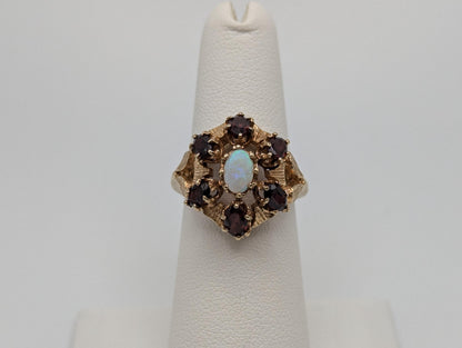14k Yellow Gold Garnet Opal Cluster Statement Cocktail Ring