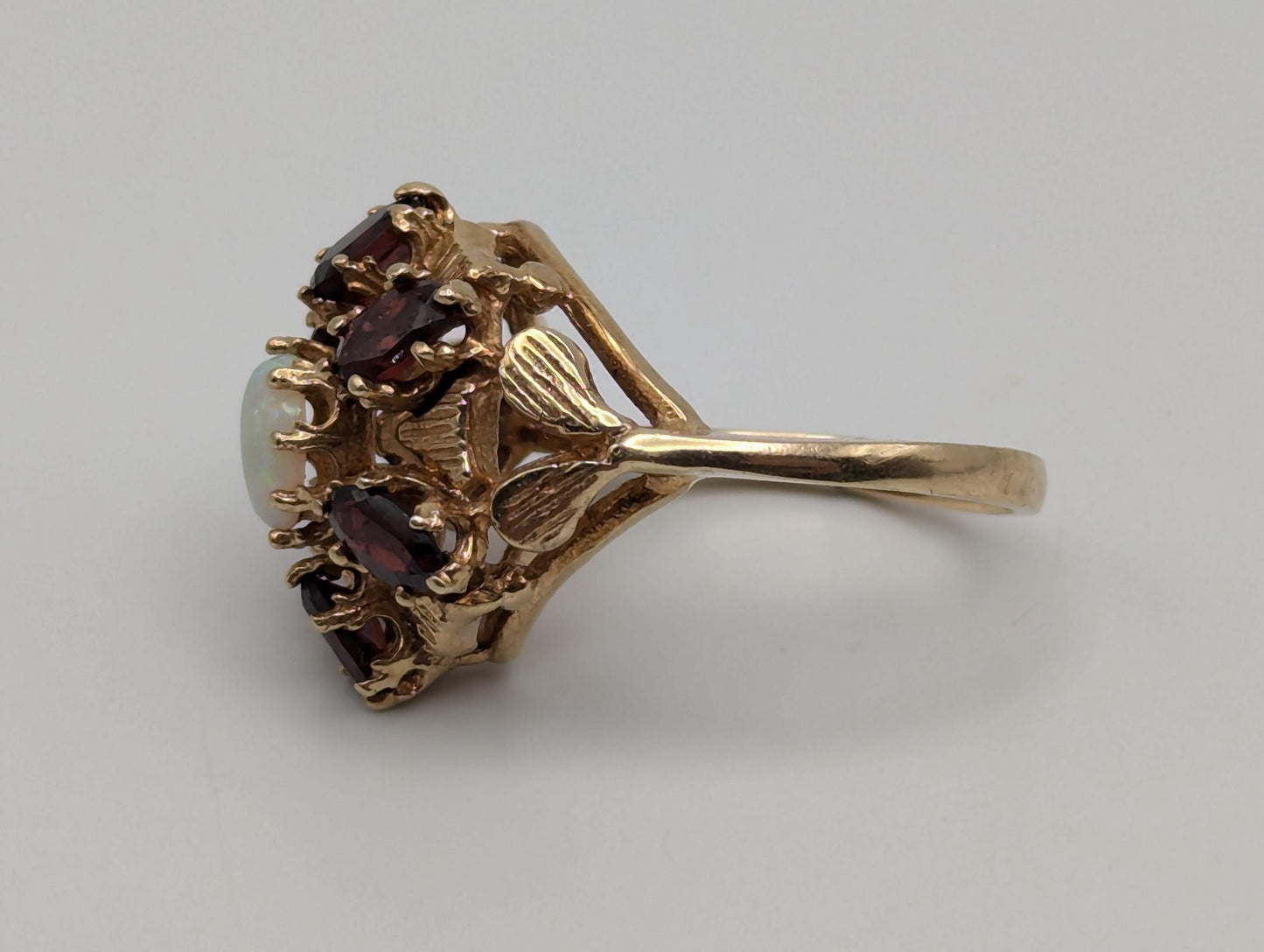 14k Yellow Gold Garnet Opal Cluster Statement Cocktail Ring