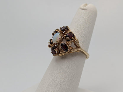 14k Yellow Gold Garnet Opal Cluster Statement Cocktail Ring