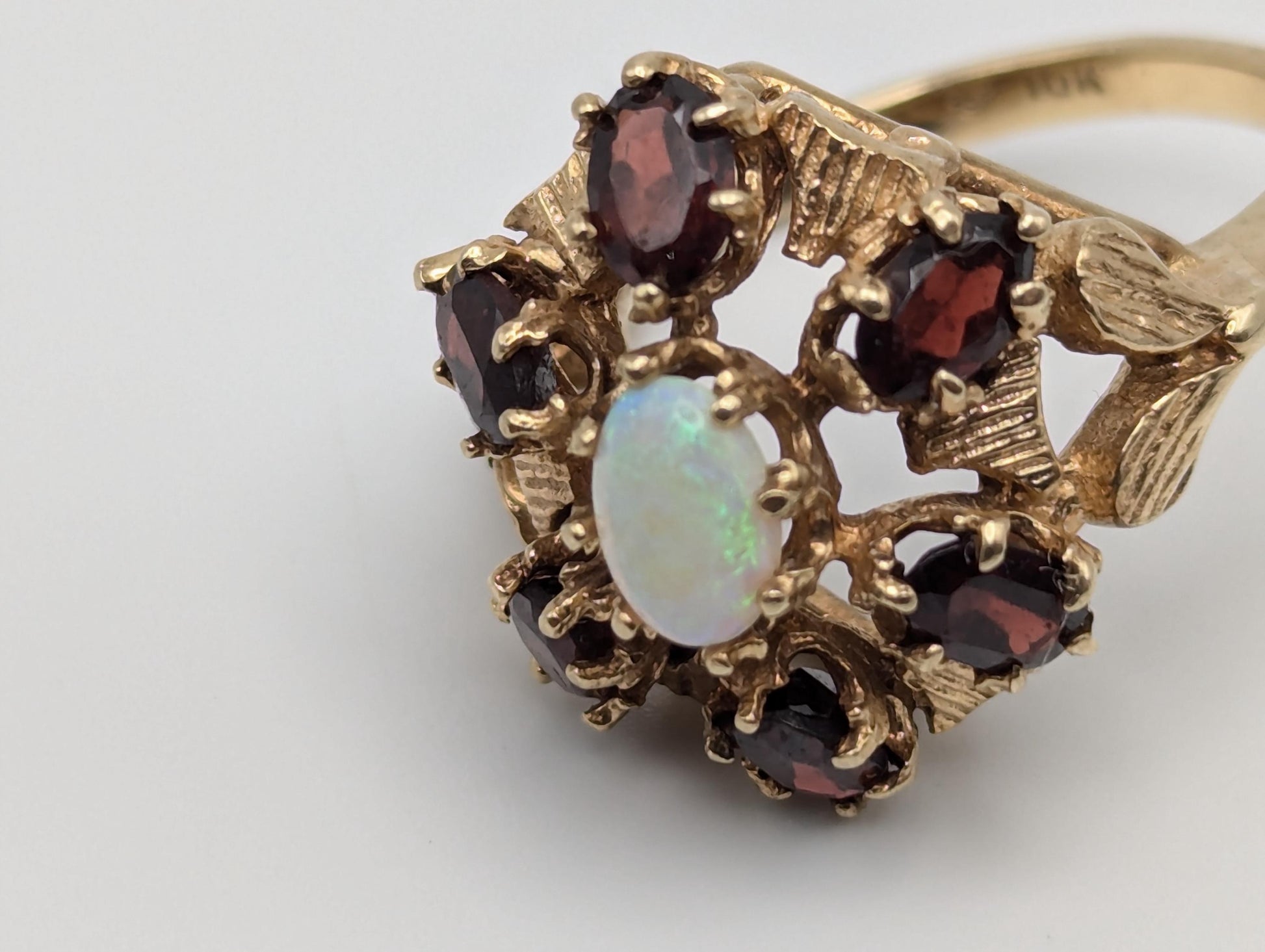 14k Yellow Gold Garnet Opal Cluster Statement Cocktail Ring