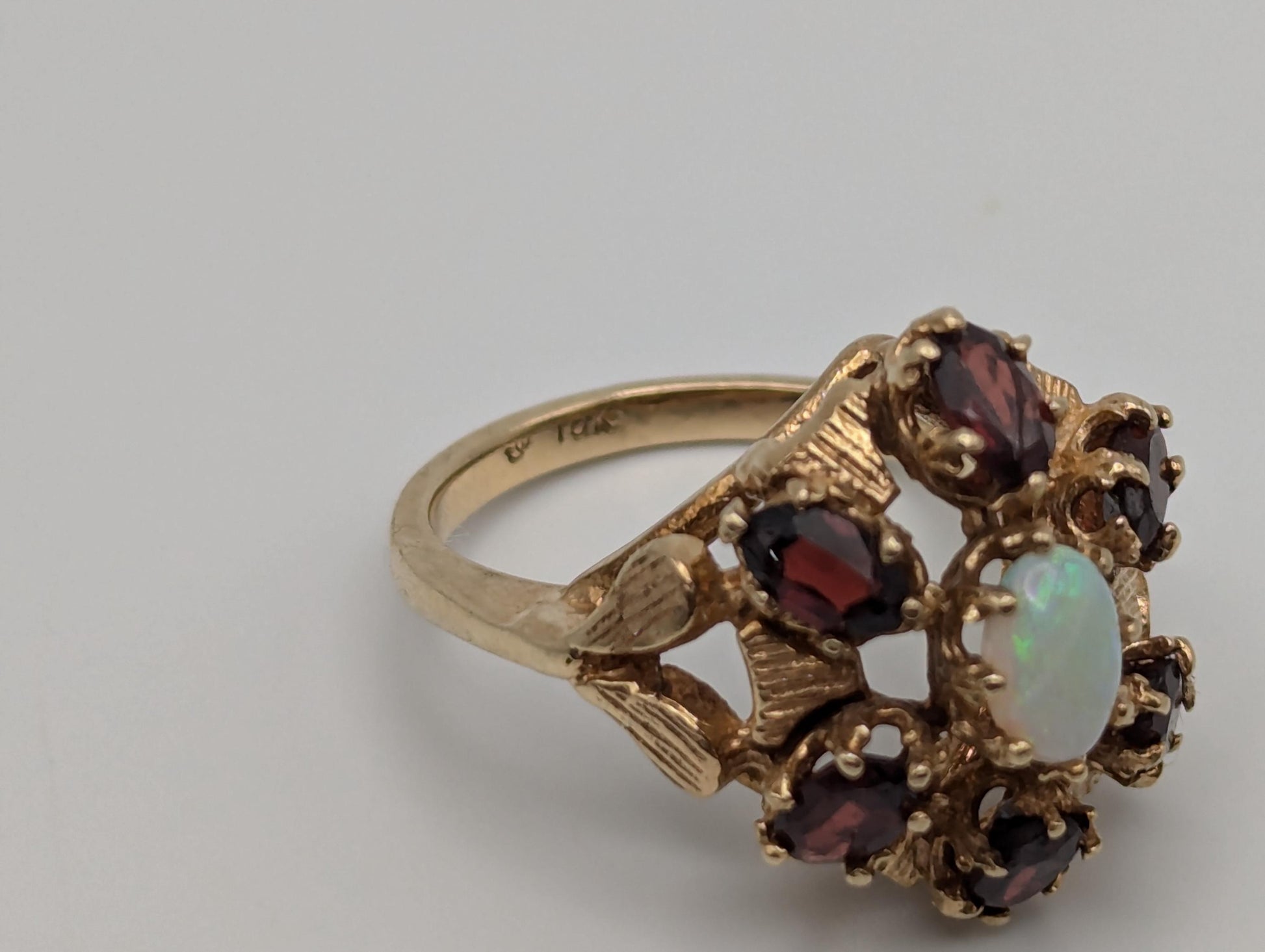 14k Yellow Gold Garnet Opal Cluster Statement Cocktail Ring