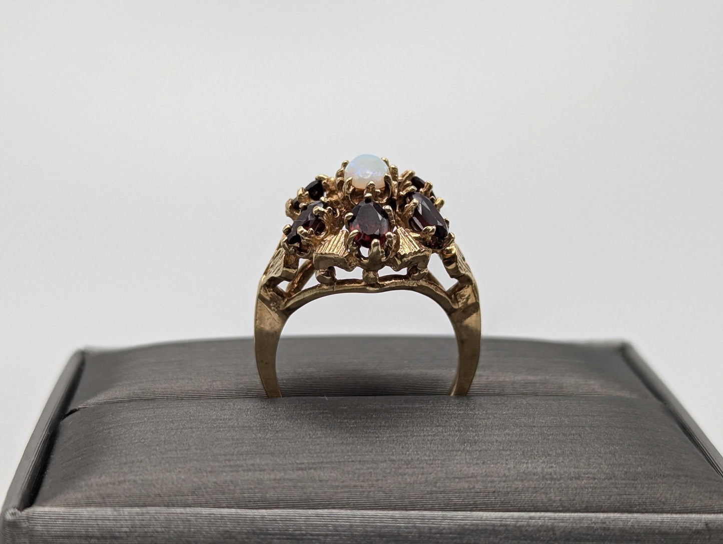 14k Yellow Gold Garnet Opal Cluster Statement Cocktail Ring