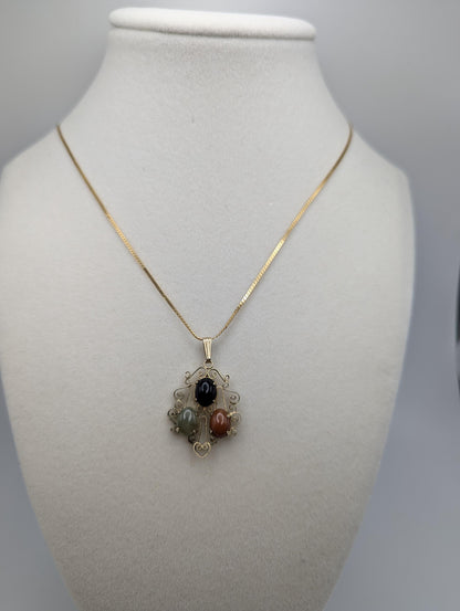 10k Yellow Gold Italy Chain Necklace w GF 12k Filigree Pendant Onyx Orange Jade Green Jade 17"