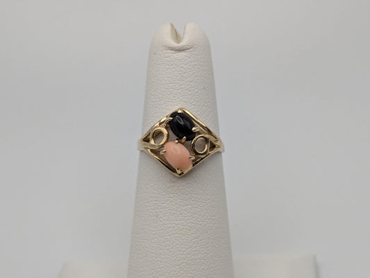 14k Yellow Gold Filigree Coral and Onyx Ring Cocktail Ring Statement Ring