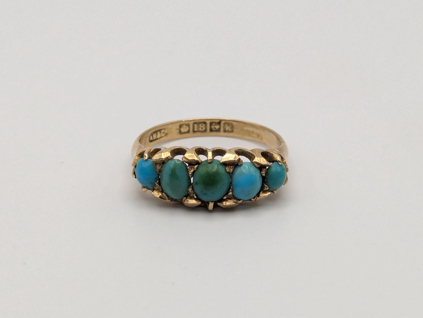 Antique 18k Turquoise Rose Gold Turquoise English Bermingham 1909 Edwardian Ring Hallmark