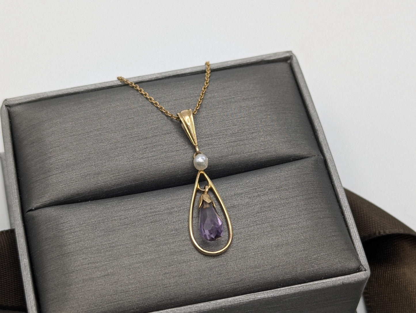 14k Gold Ivaliere Amethyst Seed Pearl Pendant Necklace Chain Link Amethyst Necklace