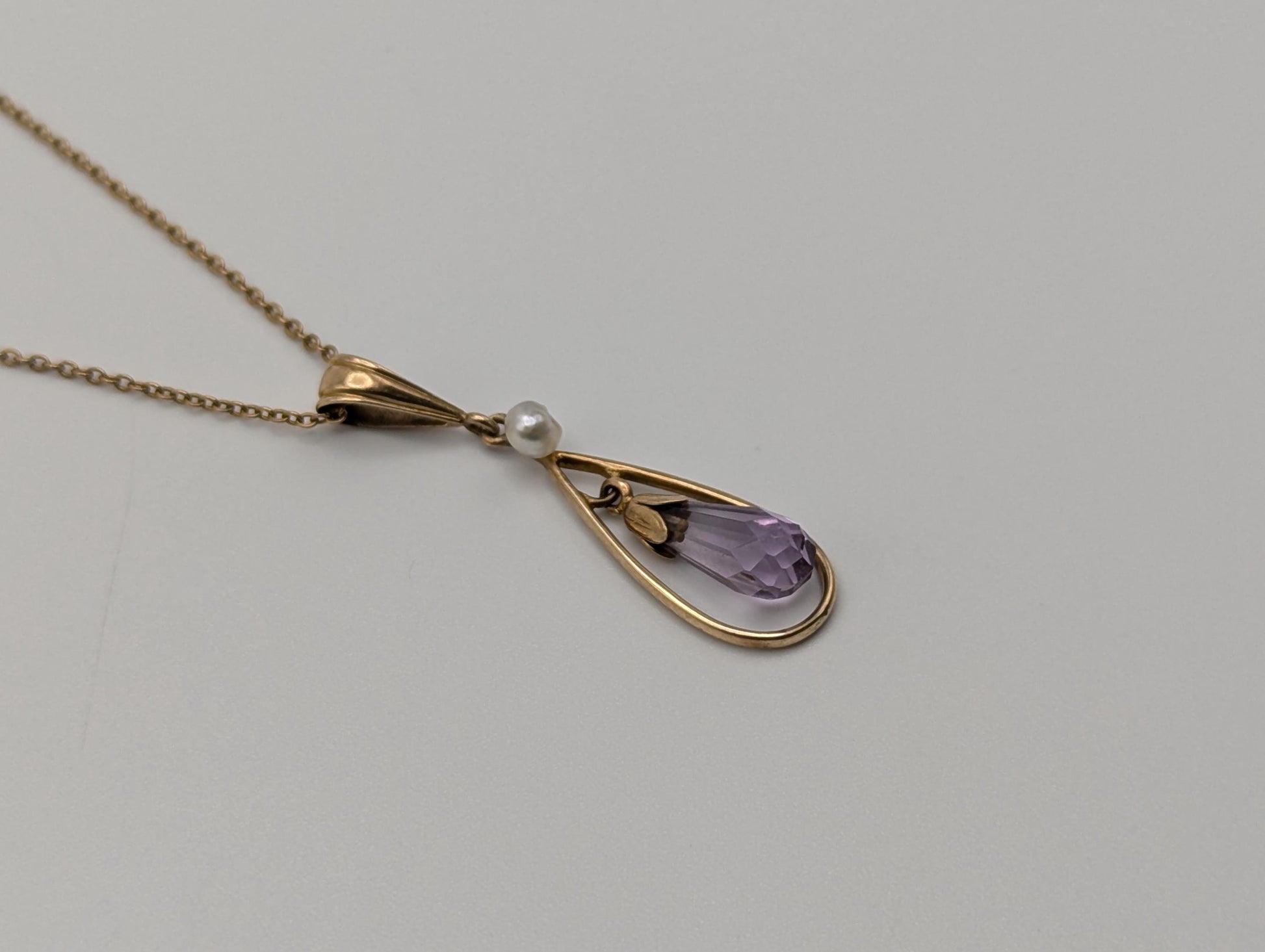 14k Gold Ivaliere Amethyst Seed Pearl Pendant Necklace Chain Link Amethyst Necklace