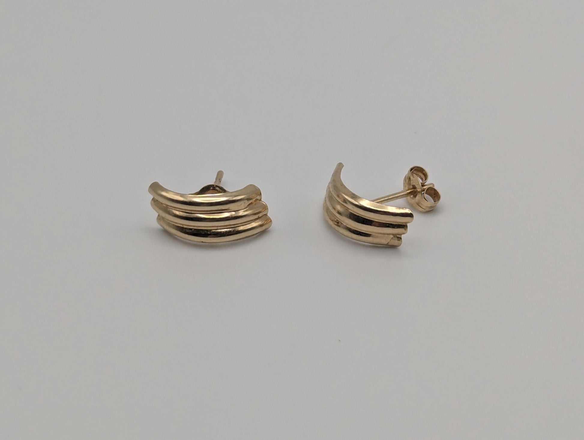 10k Half Gold Huggie Stud Earrings. Triple Line Half Huggie Earrings.