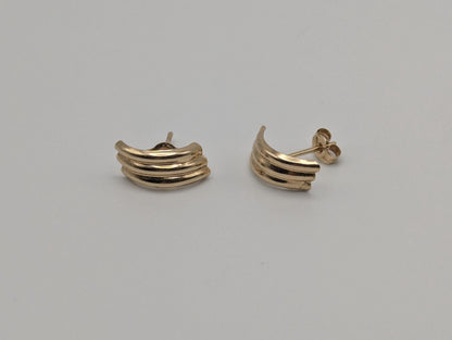 10k Half Gold Huggie Stud Earrings. Triple Line Half Huggie Earrings.