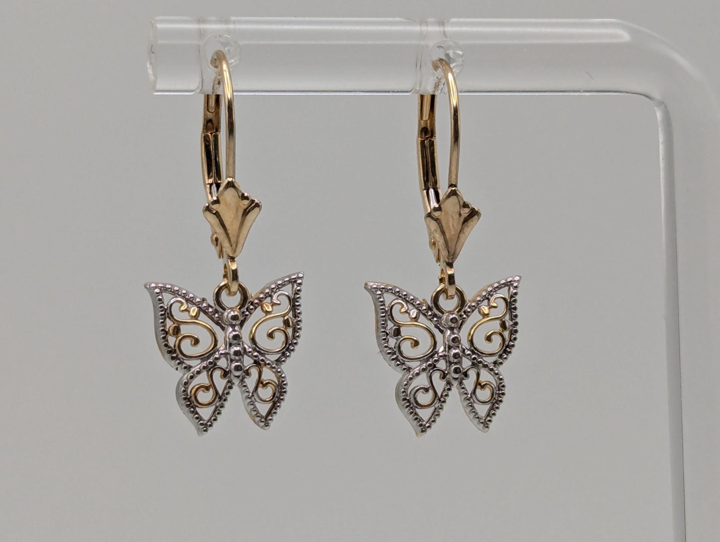 14k Multi-Gold Butterfly Dangle Earrings Filigree Multi-Gold Butterfly Hoops.