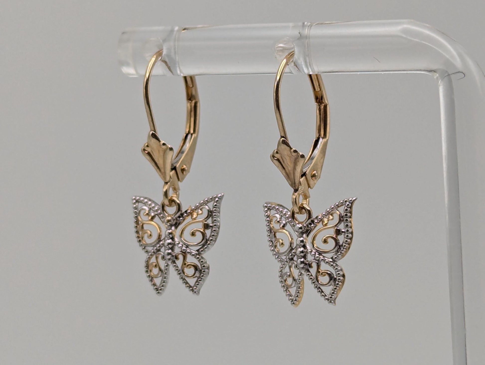 14k Multi-Gold Butterfly Dangle Earrings Filigree Multi-Gold Butterfly Hoops.