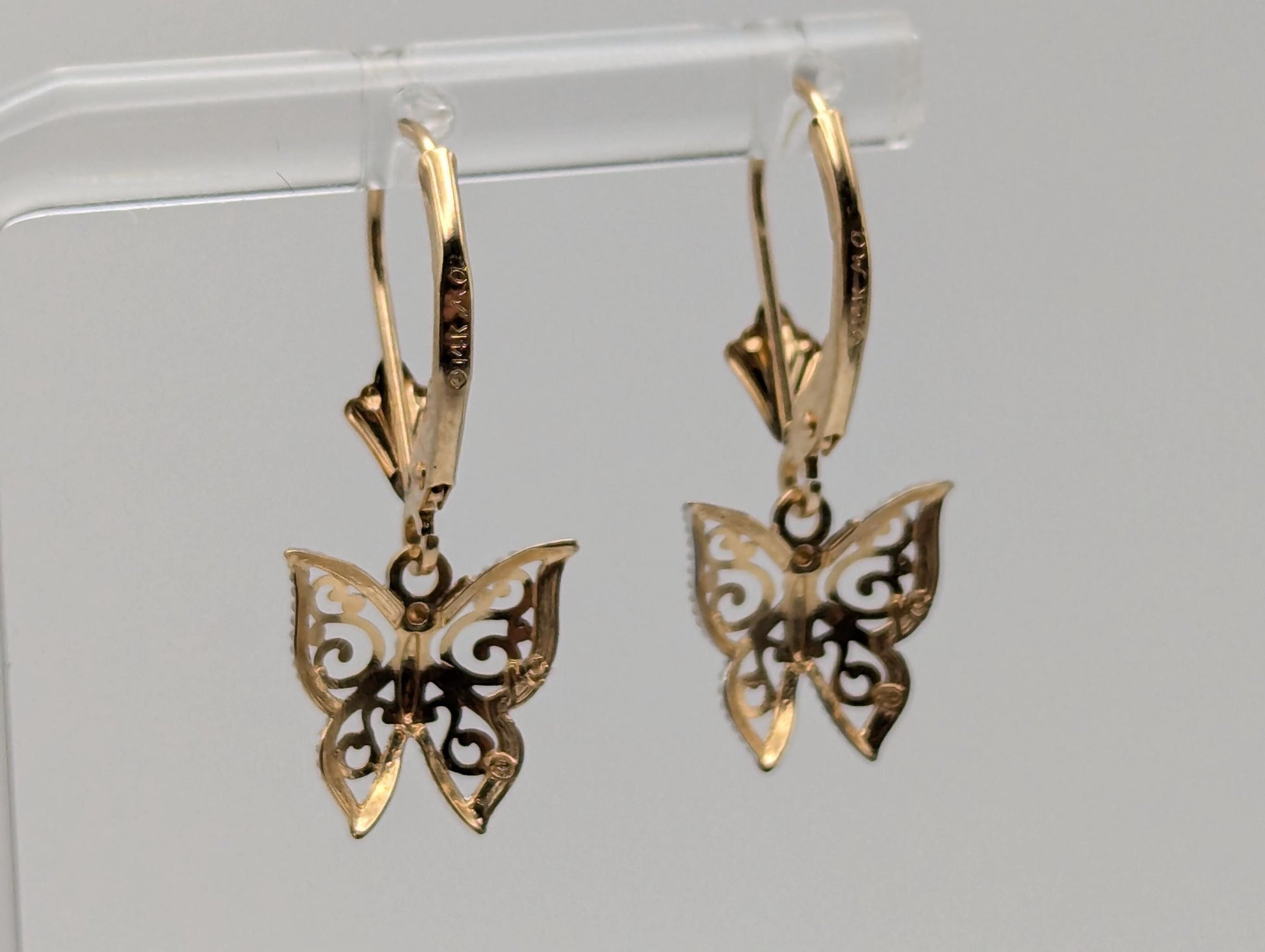 14k Multi-Gold Butterfly Dangle Earrings Filigree Multi-Gold Butterfly Hoops.