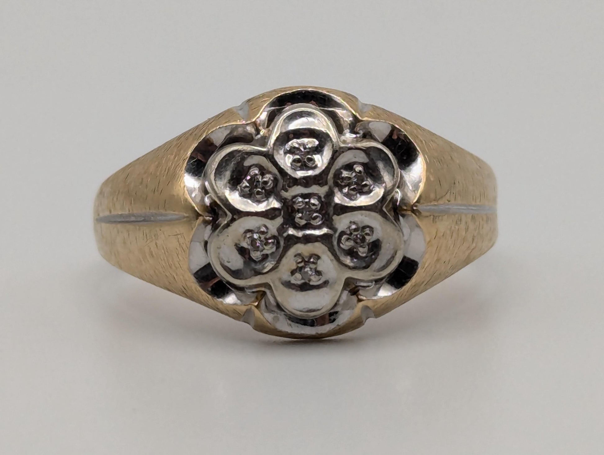 10k Yellow White Gold Diamond Flower Mens Statement Ring Flower Signet Ring.