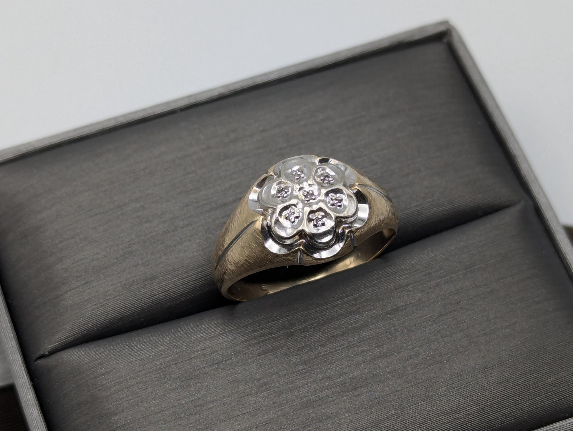 10k Yellow White Gold Diamond Flower Mens Statement Ring Flower Signet Ring.