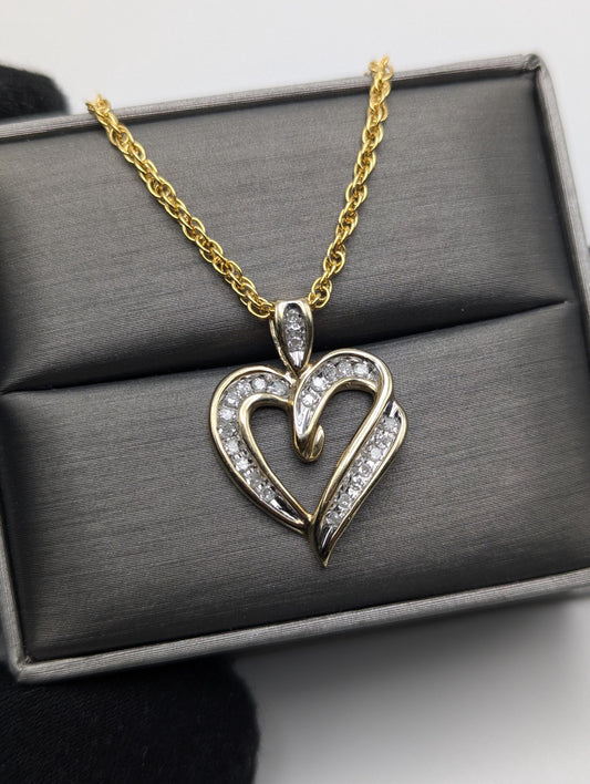 10K Yellow Gold Diamond Heart Love Pendant Necklace 0.25ctw + 14k GF Complimentary Chain