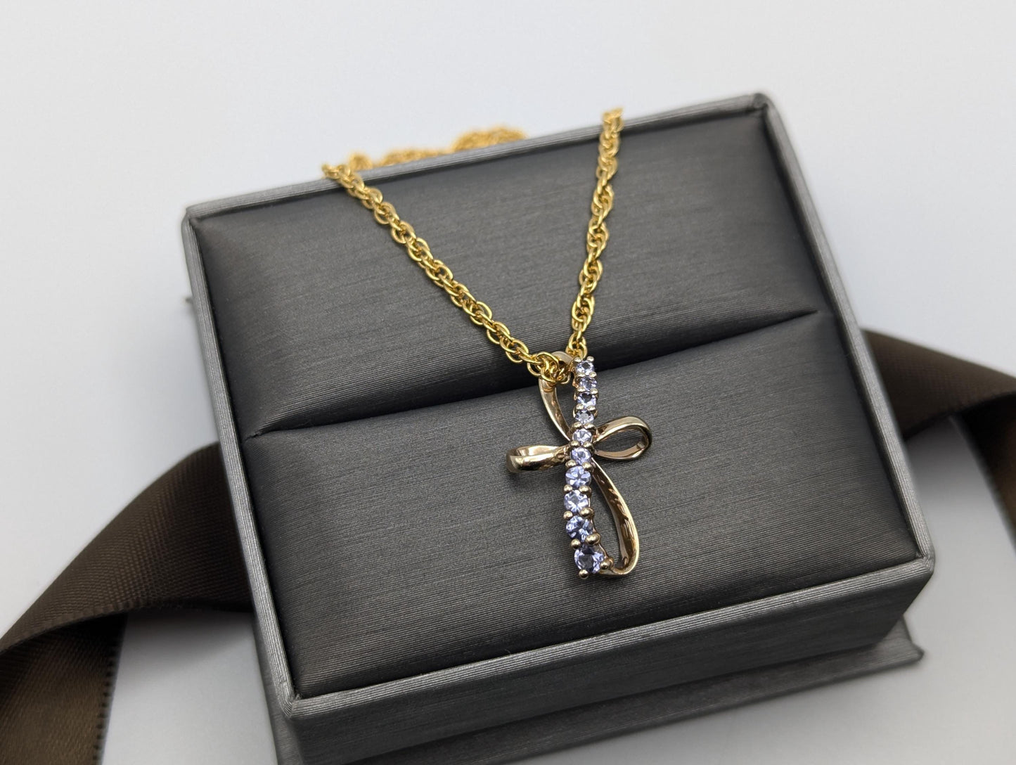 10k Yellow Gold Purple Tanzanite Stone Cross Pendant Necklace + Complimentary 14k GF Chain