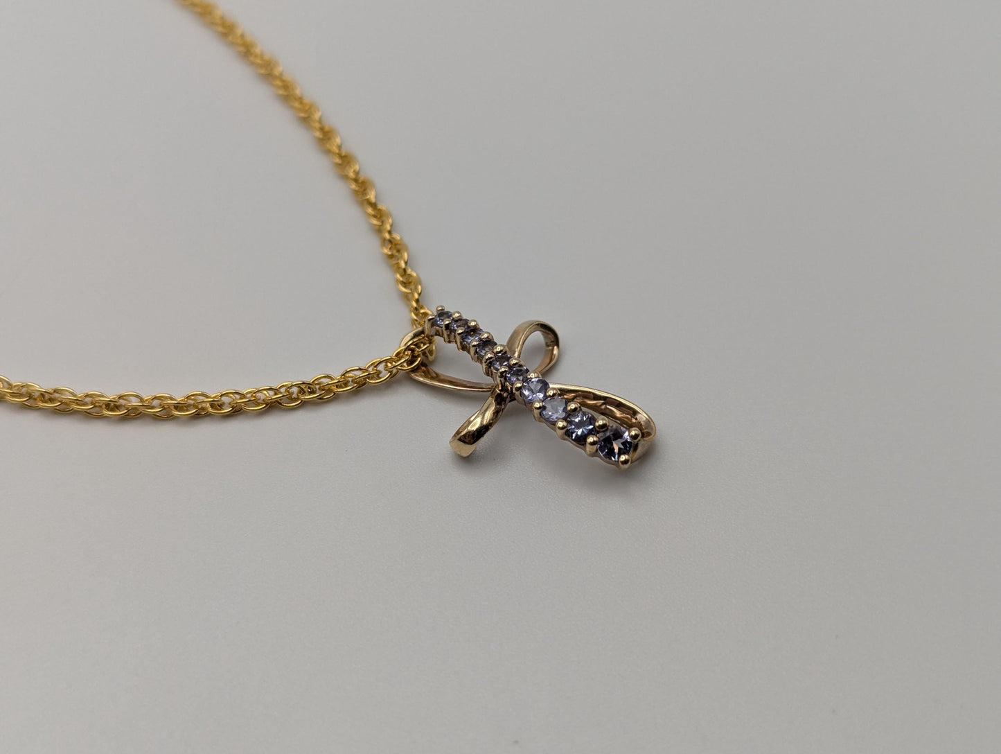 10k Yellow Gold Purple Tanzanite Stone Cross Pendant Necklace + Complimentary 14k GF Chain