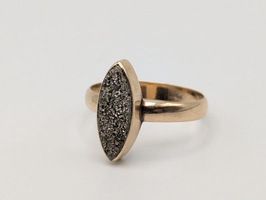 Vintage 10k Yellow Gold Pyrite Drusy Quartz Ladies Dinner Ring Statement Ring