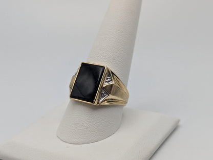 Vintage Solid Gold 4.5gr 10k Black Onyx Diamond Ring Signet Wedding Ring