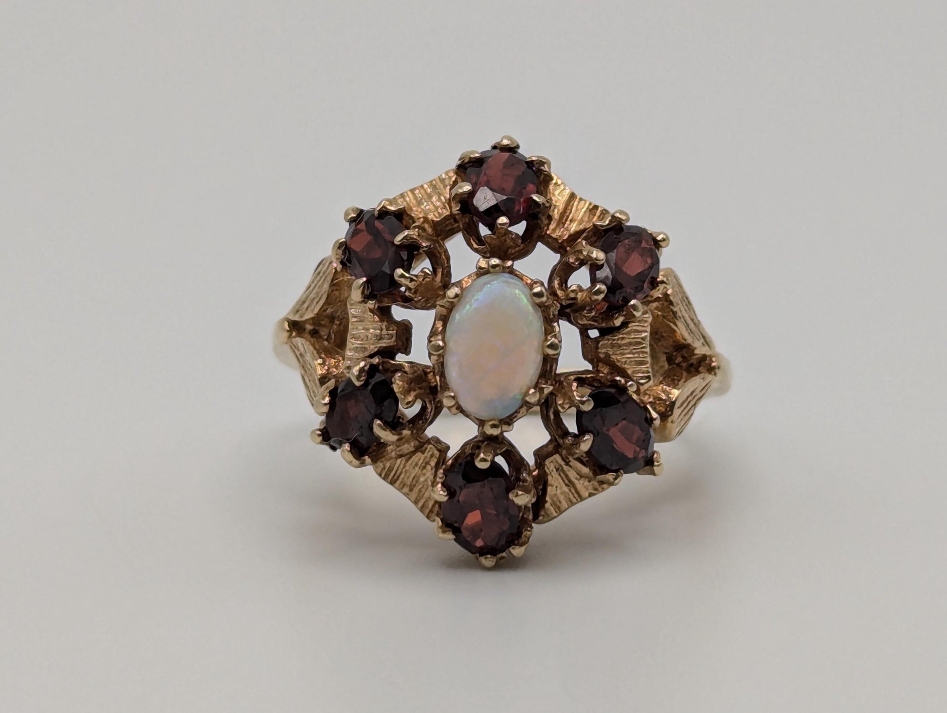 14k Yellow Gold Garnet Opal Cluster Statement Cocktail Ring