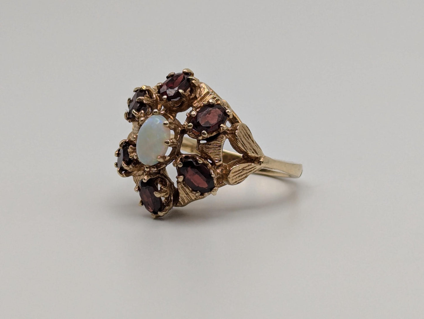 14k Yellow Gold Garnet Opal Cluster Statement Cocktail Ring