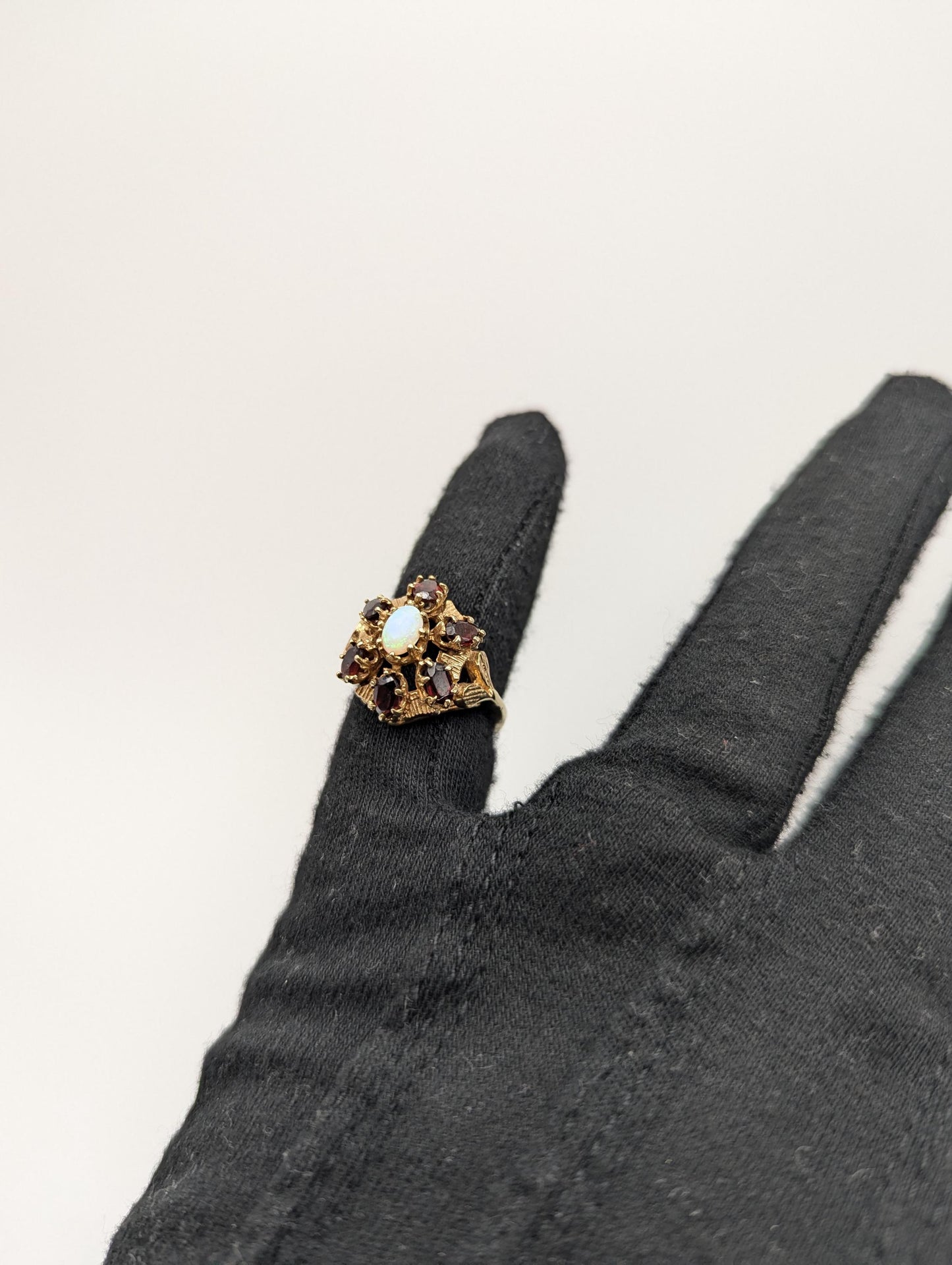 14k Yellow Gold Garnet Opal Cluster Statement Cocktail Ring