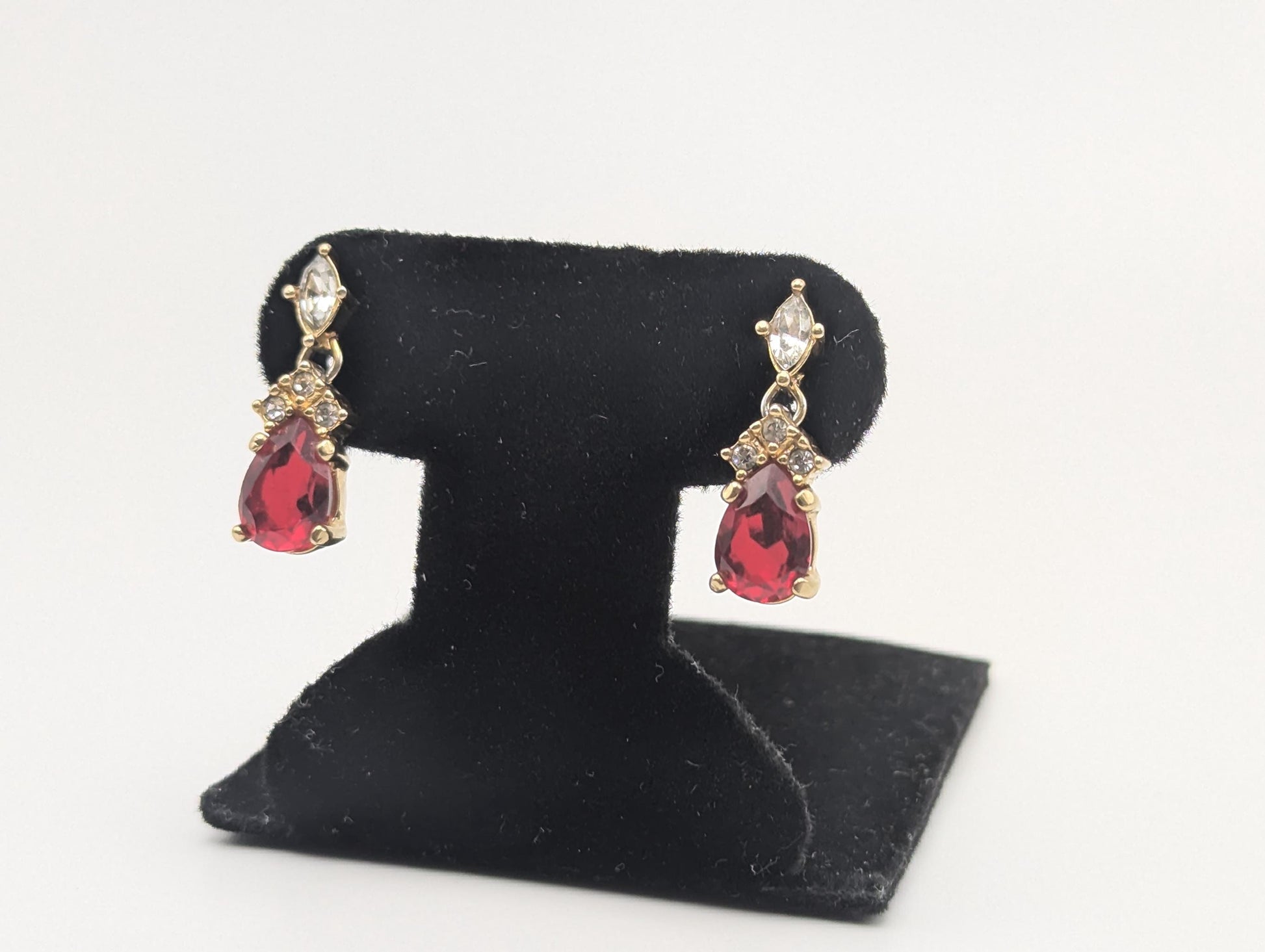 Vintage Christian Dior Gold Plated Clear and Ruby Red Crystal Dangle Earrings