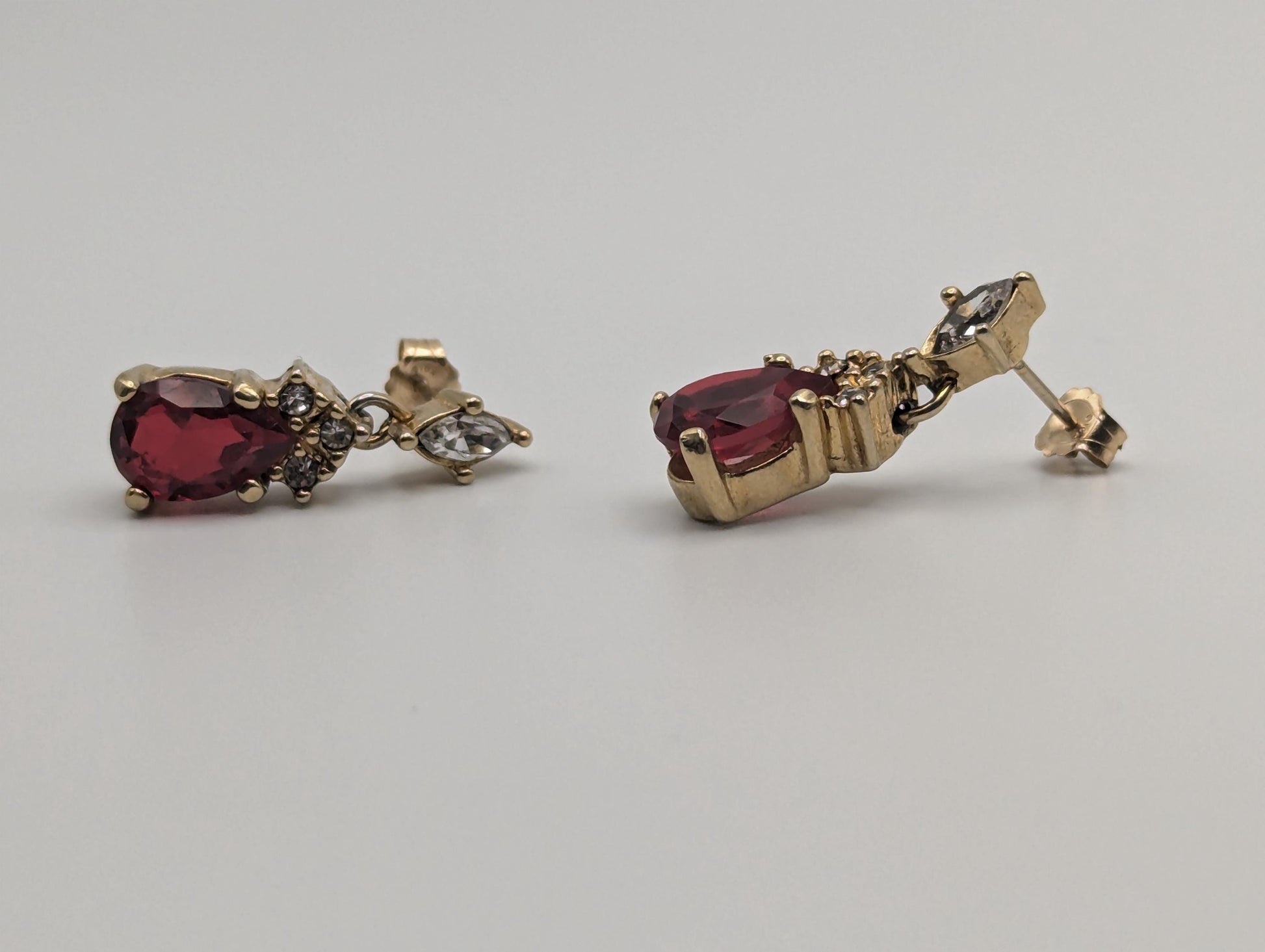 Vintage Christian Dior Gold Plated Clear and Ruby Red Crystal Dangle Earrings