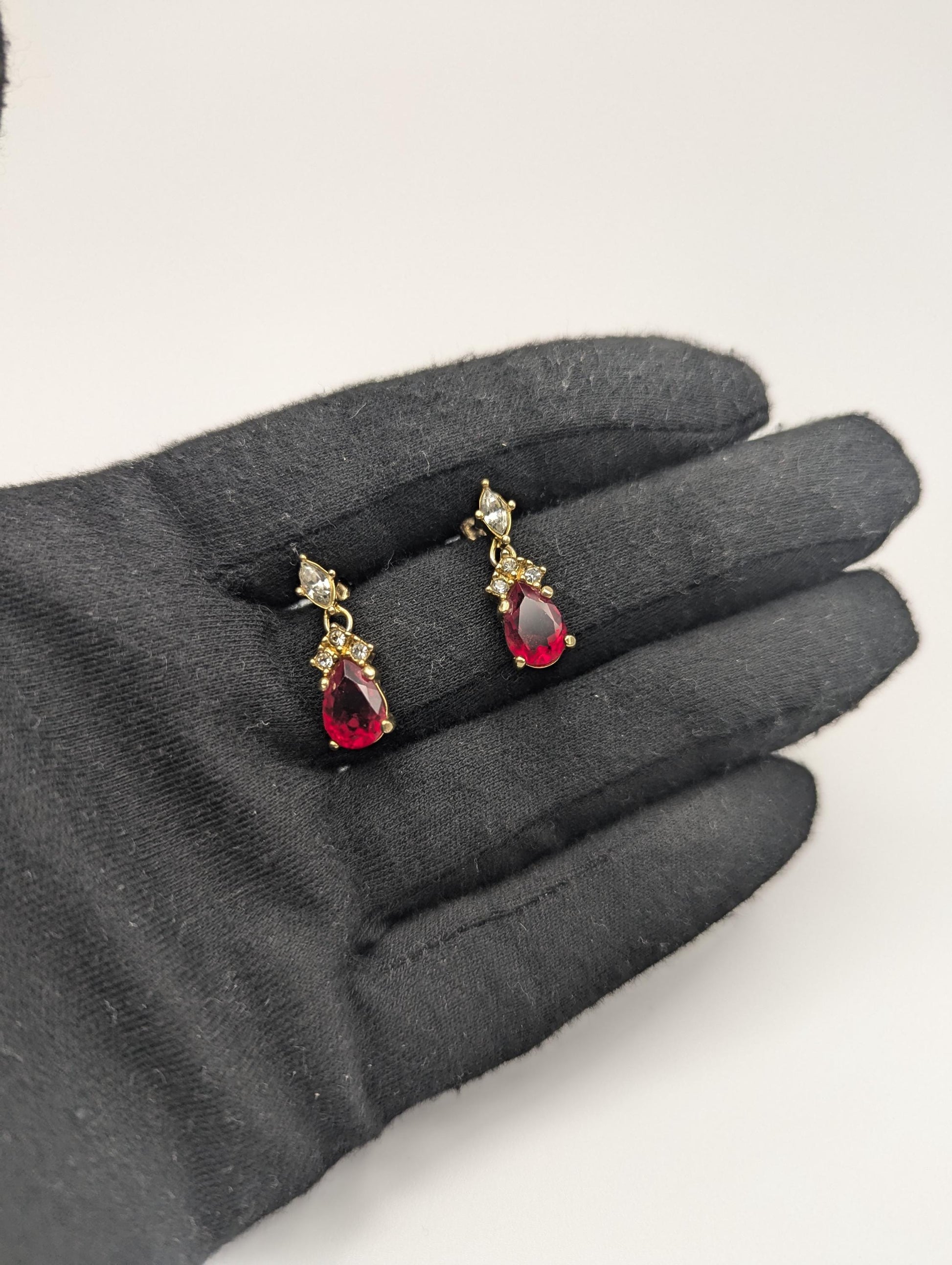 Vintage Christian Dior Gold Plated Clear and Ruby Red Crystal Dangle Earrings