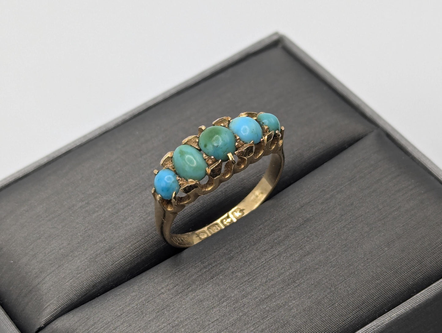 Antique 18k Turquoise Rose Gold Turquoise English Bermingham 1909 Edwardian Ring Hallmark