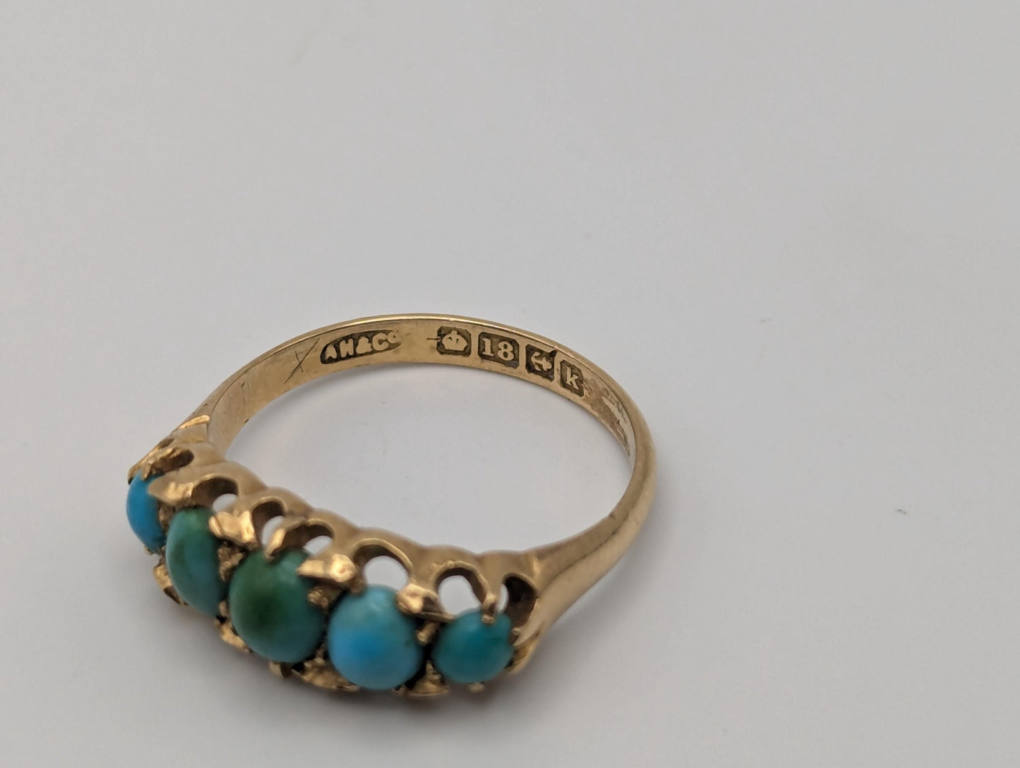 Antique 18k Turquoise Rose Gold Turquoise English Bermingham 1909 Edwardian Ring Hallmark