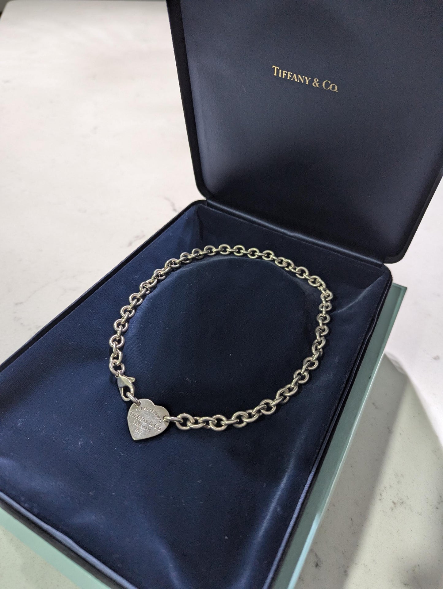 Tiffany & Co Heart Tag Necklace w Original Box. Vintage Tiffany Co Sterling Silver Choker.