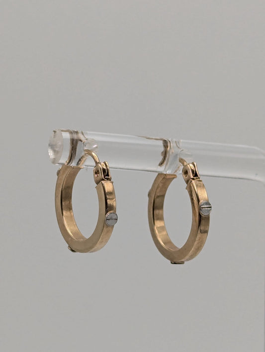 10k Yellow Gold Screw Classic Hoop Hammered Round Earrings Dainty Gold Hoops Hinged