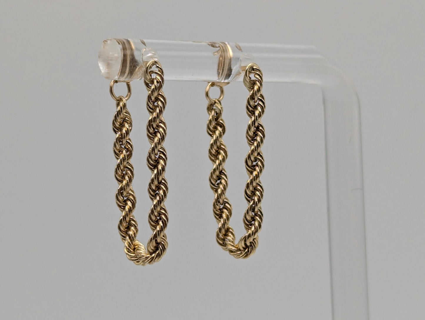 14K Yellow Gold Dangle Rope Earrings. Hoop Rope Earrings.