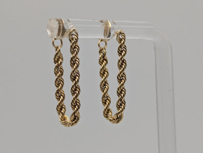 14K Yellow Gold Dangle Rope Earrings. Hoop Rope Earrings.