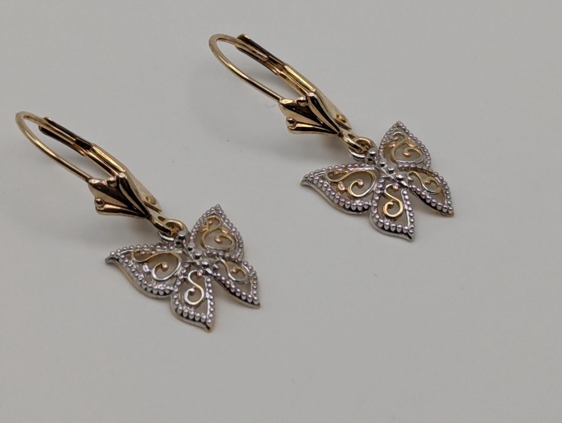 14k Multi-Gold Butterfly Dangle Earrings Filigree Multi-Gold Butterfly Hoops.