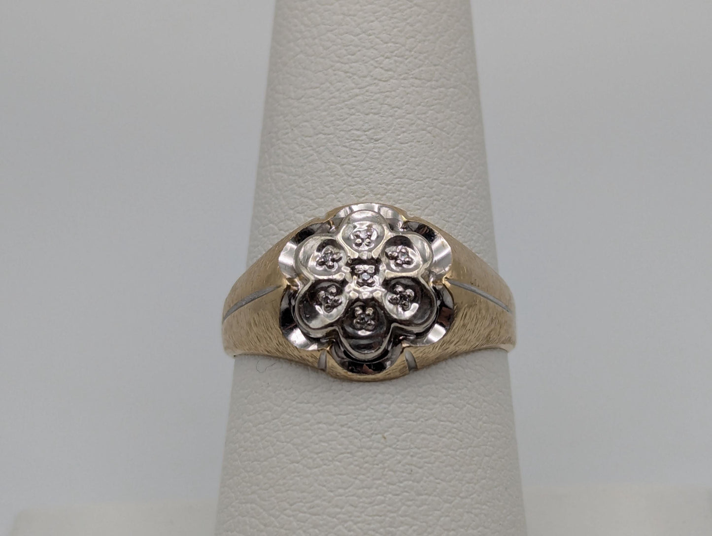 10k Yellow White Gold Diamond Flower Mens Statement Ring Flower Signet Ring.